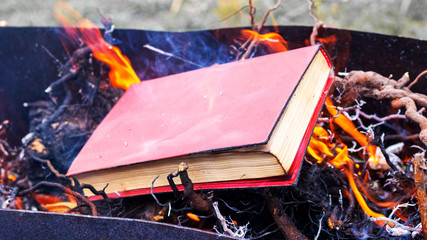 Burning books. A book on a fire. Destruction of literature