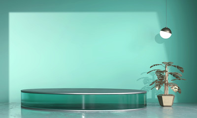 Abstract transparent green stage platform, template for advertising display product, 3d rendering.