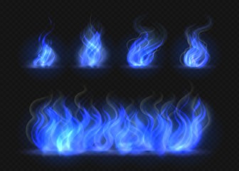 Realistic blue fire flames set. Transparent torch effect, abstract blue light flare, campfire design template. Isolated vector 3D illustration blazing gas effect