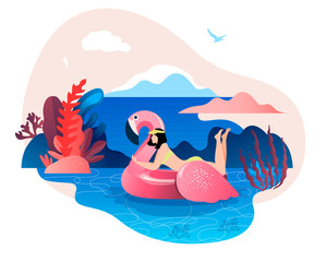 Hello, summer poster or flyer. A young girl swims in an inflatable pool with a Flamingo.Beautiful girl on the beach in a swimsuit on vacation vector illustration.