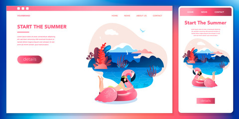 Obraz na płótnie Canvas Set of vector illustrations - a young girl swimming in an inflatable pool with a Flamingo on vacation. Modern vector illustration concepts for developing websites and mobile websites.