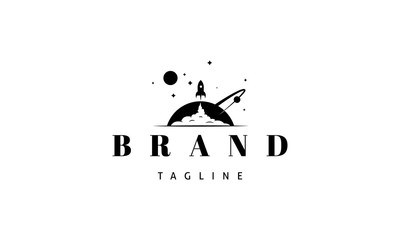 Vector logo on which an abstract image of a rocket taking off against the backdrop of a huge planet with an orbit.