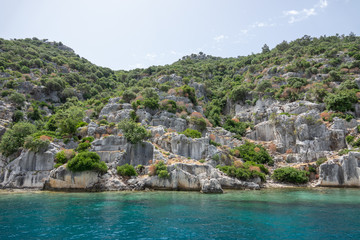 Ruins of sunken ancient city of Dolichiste on the northern part of the Kekova Island. Devastating...