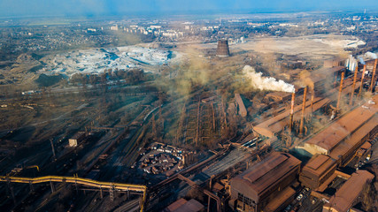 metallurgical production plant full cycle smoke from pipes bad ecology aerial photography