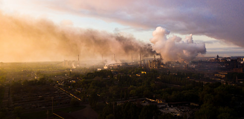 industry metallurgical plant dawn smoke smog emissions bad ecology aerial photography