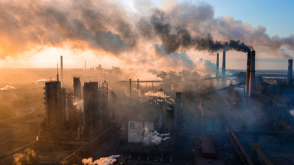 industry metallurgical plant dawn smoke smog emissions bad ecology aerial photography - obrazy, fototapety, plakaty