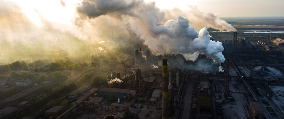 industry metallurgical plant dawn smoke smog emissions bad ecology aerial photography