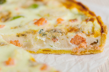 smoked salmon, Brussels sprouts and gorgonzola quiche tart.