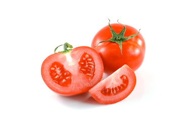 Fototapeta premium Whole Fresh tomato and half tomatoes on white background.