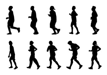 Silhouette man and women running on white background, Lifestyle people exercise vector set, Shadow marathon human illustration