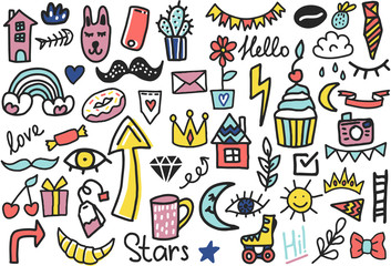 Summer doodles set. Hand style Color vector items. Illustration with random elements. Design for prints and cards.