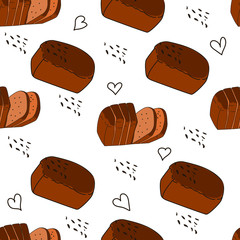 Seamless pattern with vector drawings of handmade rye bread on a white isolated background. Loaf of bread flat, cartoon. Registration of cards, menus, banners, printing on fabric, covers