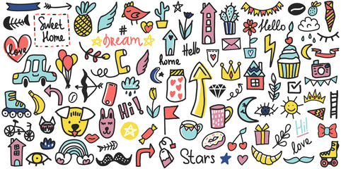Summer doodles set. Hand style Color vector items. Illustration with random elements. Design for prints and cards.