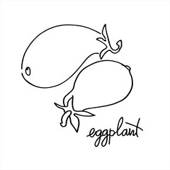 Eggplant, aubergine. Black and white vector illustration with hand lettering. Perfect for coloring book, teaching aid, illustrated summary, price label, other design projects