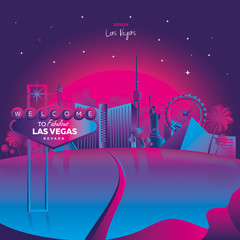 Vector illustration inspired by 80s disco music, 3d background, neon, Las Vegas, Nevada at sunset, poster, banner, tourism. Vector illustration © RomchikDL