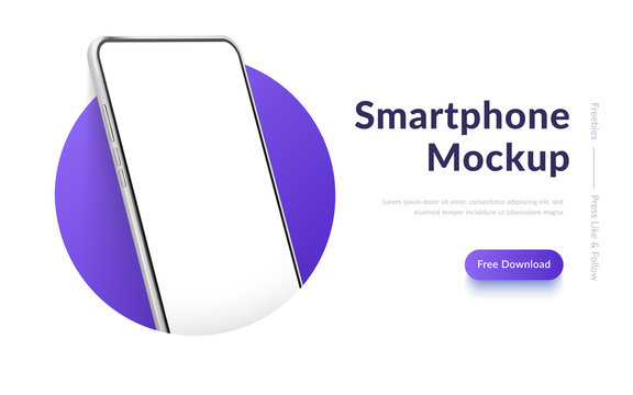 White realistic smartphone mockup in the circle. 3d mobile phone with blank white screen. Modern cell phone template on gradient background. Illustration of device 3d screen