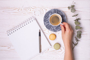 Female hand holds a cup of coffee, a clean diary with spring, and macaroons and a branch of eucalyptus on a white shabby wooden table. Fashion flat lay, place for text.