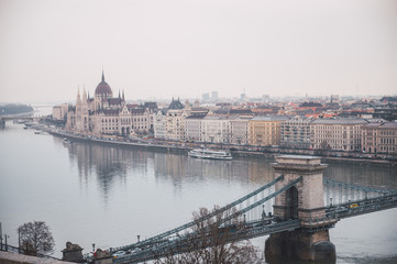 Panoramic view of Budapest City with the Chain Bridge and the Parliament in the background