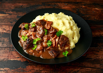 Fried Liver, bacon in onion gravy with mashed potato