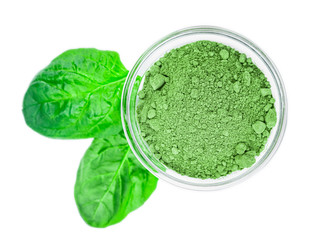 Spinach powder isolated on white (close up; selective focus)