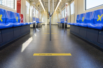 Stand lines on the floor in public train with social distancing protect