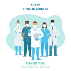 Thank you doctors and nurses working in the hospitals and fighting the coronavirus. Vector illustration