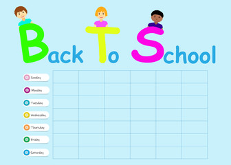 Back to school with weekly planner on blue background.  Week starts on Sunday.