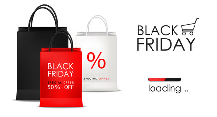 Black friday sale, black banner, super sale, special offer, design template, red and white bags vector illustration