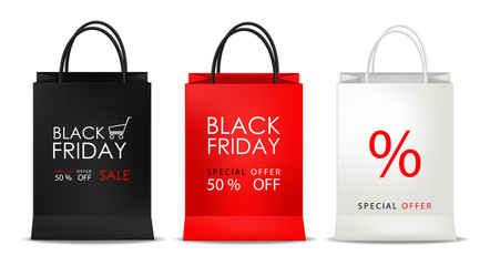 Bags set, black, red and white, black friday sale, isolated object, vector illustration