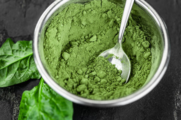 Freshly made spinach powder (close up; selective focus)