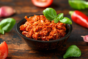 Sun dried tomato pesto with chilli, garlic and herbs in bowl