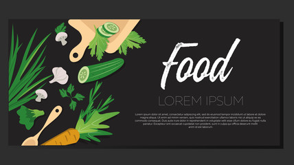Food banner, organic clean vegetables on a dark background, wooden cutting board, spoon, vegetable leaves, poster, flyer. Concept for healthy food design, healthy lifestyle, vegan or diet food.