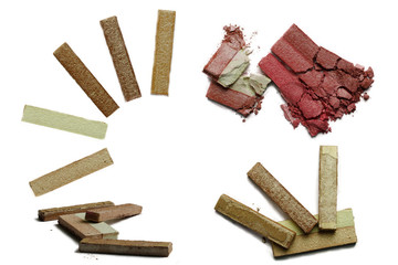 set of smashed pressed make up powder on isolated white background