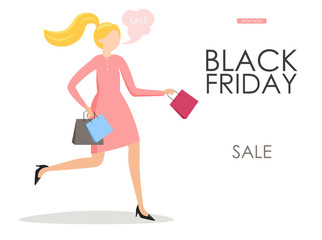 Black friday, woman with shop bags, big sale, happy woman, sale banner special offer, design template, vector illustration