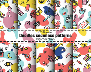 Seamless doodle summer pattern big set. Vector background with different elements in different designs on a white background. Design for prints, shirts and posters.