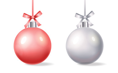 Happy new year, merry christmas, hello winter, realistic christmas ball, shop now, sale banner, pink and silver ball isolated vector illustration