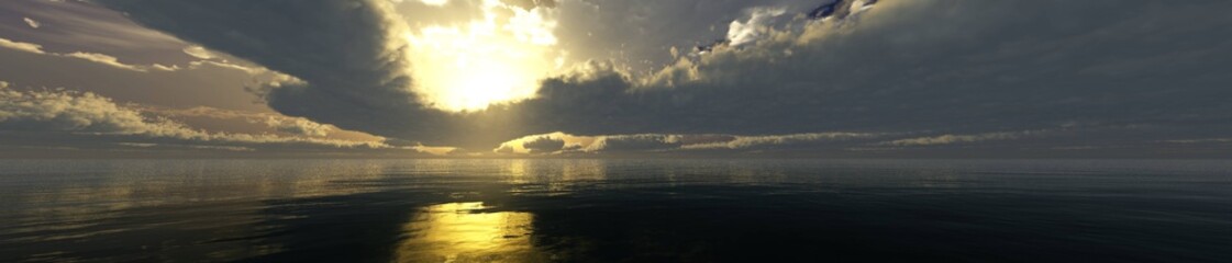 Stormy sunset over the sea, the sun among thunderclouds above the water, 3D rendering