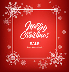 Hello winter, merry christmas and happy new year, snow background , shop now, sale banner, white snowflake set, red banner vector illustration