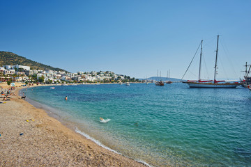 View of the Gumusluk Bodrum Marina, sailing boats and yachts in Bodrum town, city of Turkey.