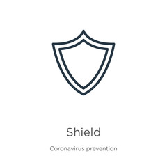 Shield icon. Thin linear shield outline icon isolated on white background from Coronavirus Prevention collection. Modern line vector sign, symbol, stroke for web and mobile