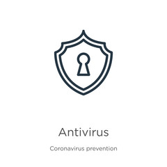 Antivirus icon. Thin linear antivirus outline icon isolated on white background from Coronavirus Prevention collection. Modern line vector sign, symbol, stroke for web and mobile