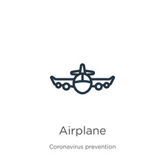 Airplane icon. Thin linear airplane outline icon isolated on white background from Coronavirus Prevention collection. Modern line vector sign, symbol, stroke for web and mobile