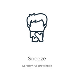 Sneeze icon. Thin linear sneeze outline icon isolated on white background from Coronavirus Prevention collection. Modern line vector sign, symbol, stroke for web and mobile