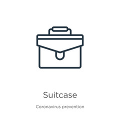 Suitcase icon. Thin linear suitcase outline icon isolated on white background from Coronavirus Prevention collection. Modern line vector sign, symbol, stroke for web and mobile
