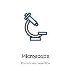 Microscope icon. Thin linear microscope outline icon isolated on white background from Coronavirus Prevention collection. Modern line vector sign, symbol, stroke for web and mobile