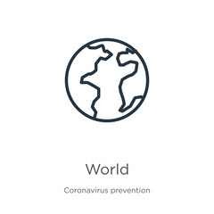 World icon. Thin linear world outline icon isolated on white background from Coronavirus Prevention collection. Modern line vector sign, symbol, stroke for web and mobile