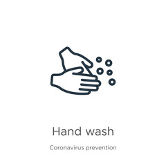 Hand wash icon. Thin linear hand wash outline icon isolated on white background from Coronavirus Prevention collection. Modern line vector sign, symbol, stroke for web and mobile