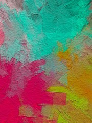 Abstract painting, large simple brushstrokes in red, pink, yellow, green, white on textured surface.