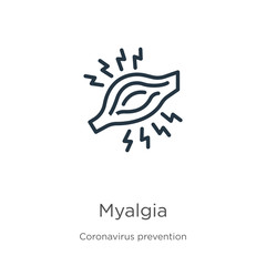 Myalgia icon. Thin linear myalgia outline icon isolated on white background from Coronavirus Prevention collection. Modern line vector sign, symbol, stroke for web and mobile