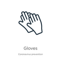 Gloves icon. Thin linear gloves outline icon isolated on white background from Coronavirus Prevention collection. Modern line vector sign, symbol, stroke for web and mobile